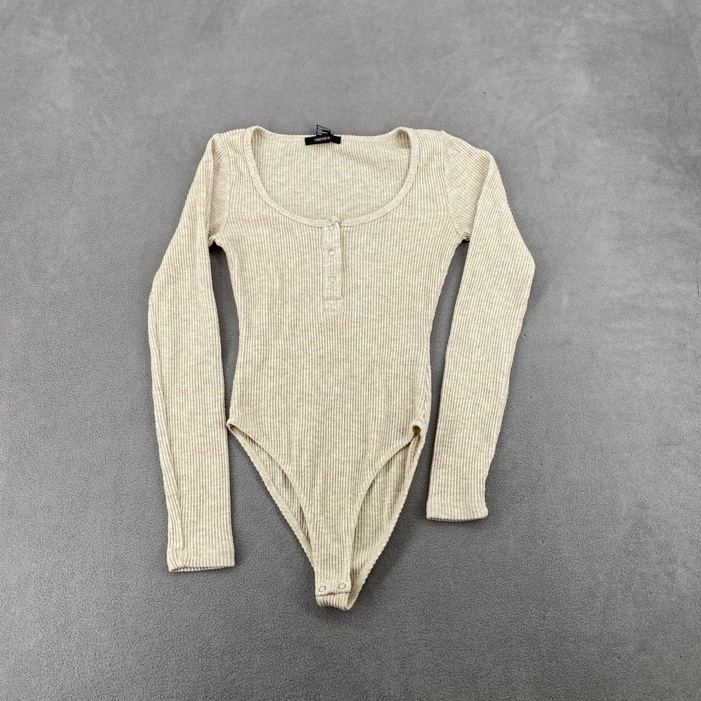 Forever 21 Womens Ribbed Henley Bodysuit Long Sleeve Oatmeal Beige Small